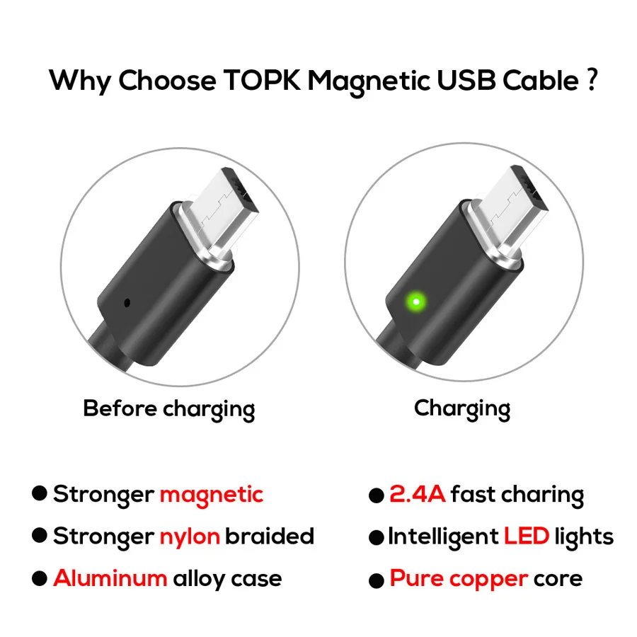 Topk 2.4A Магнитная Micro USB кабель, обновлен плетеный нейлоновый Светодиодный индикатор USB кабель для зарядки Micro-USB телефоны