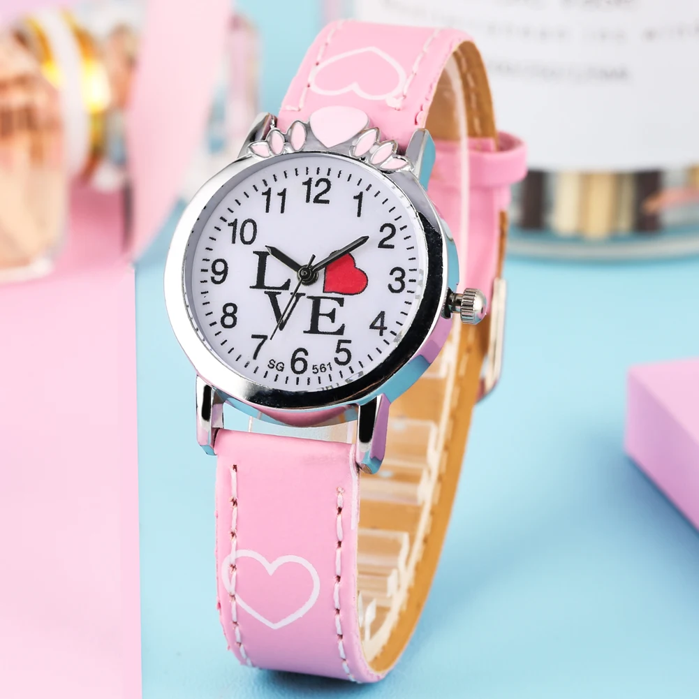 

Creative "Love" Pattern Dial Watch for Children Quartz Analog Leather Strap Birthday Wrist Watches Gift for Kids