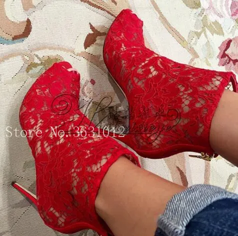 

2018 Red Lace Mesh Cut-Outs Embroider Summer Ankle Boots Peep Toe Stiletto High Heels Zip Sexy Gladiator Sandals Shoes Woman