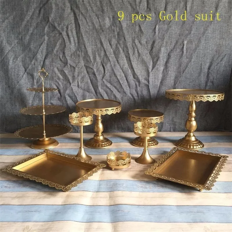 9pcs gold Золотой свадебный десерт лоток стойка для кексов, пирожное-Корзиночка подставка для торта стол декоративное украшение для вечеринки 14-6 шт/комплект - Цвет: 9pcs gold