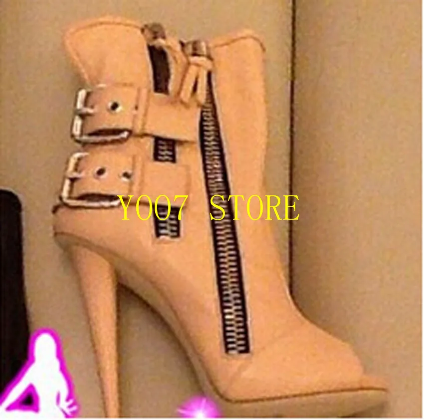 Women new fashion peep toe double ankle strap spike heel ankle boots genuine leather punk zipper high heel woman pumps