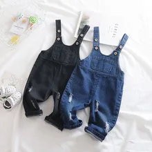 Комбинезон для маленьких девочек; корейские рваные джинсовые комбинезоны для мальчиков; сезон осень; Новое поступление; детские джинсы; ковбойские штаны для новорожденных;