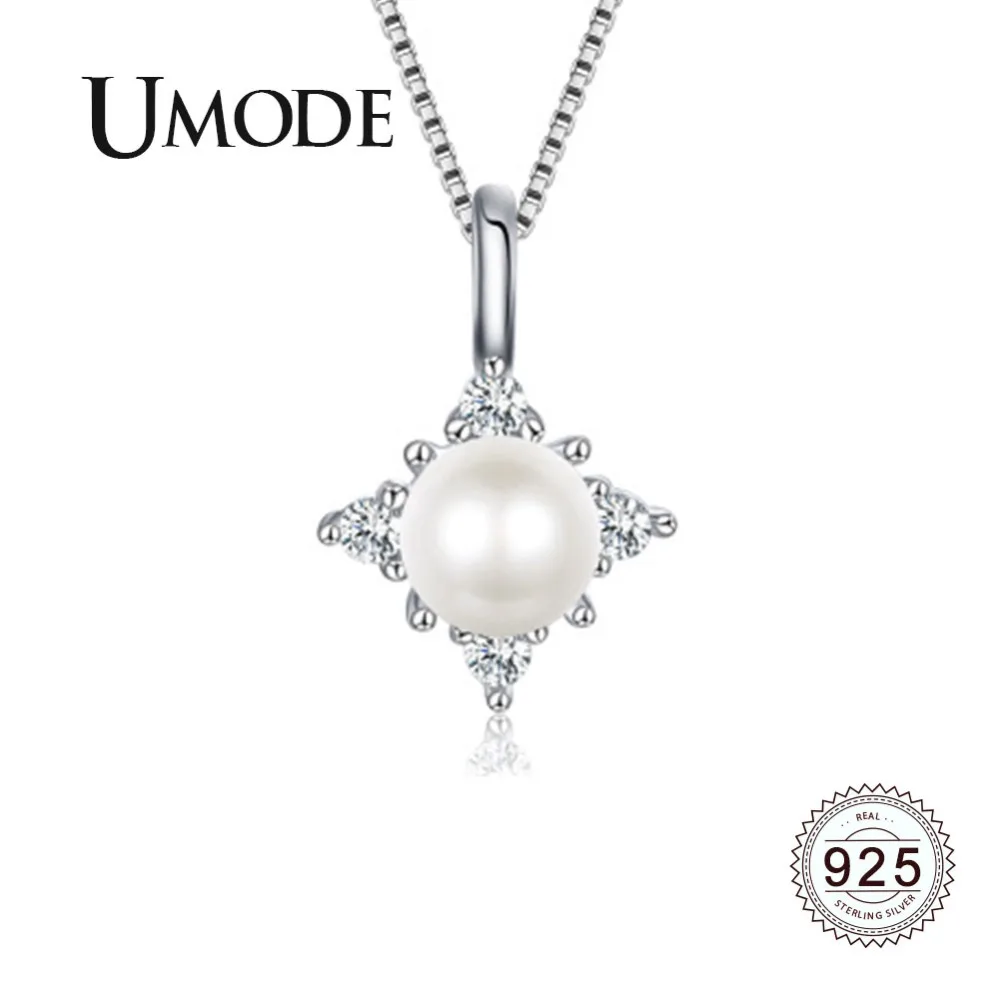 

UMODE 2019 New 925 Sterling Silver CZ Crystal Flower Pendant Necklace for Women Freshwater Pearl White Gold Jewelry Gift ALN0419