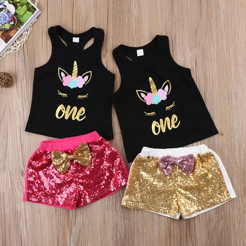 

Unicorn Toddler Kids Girls Clothes Vest Tops+Shorts Sequins Outfits Cute Bow 2Pcs Sets Baby Girls Clothing Fashion Dance Clothes