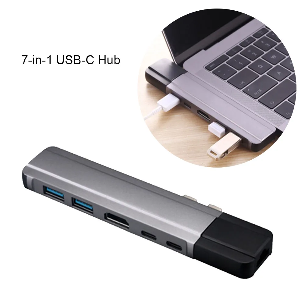 USB C концентратор 7-в-1 Алюминий Тип мульти-Порты и разъёмы Thunderbolt 3 ключа с 2 портами(стандарт 3,0 Порты и разъёмы 4K кабель-Переходник USB C на HDMI Micro SD устройство для считывания с tf-карт