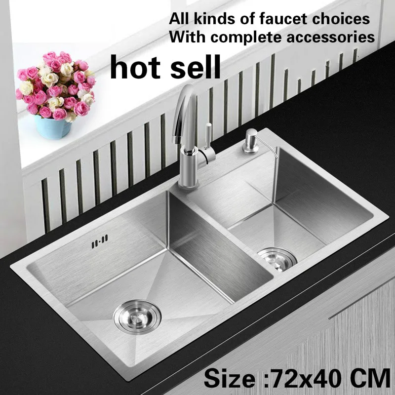 

Free shipping Fashion kitchen sink durable 304 stainless steel 3 mm hand made double groove hot sell 72x40 CM