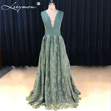 Newest Delicate Teal Lace Prom Dresses 2017 V-Neck Sexy Open Back Tank Pleat Evening Dresses vestidos de noche