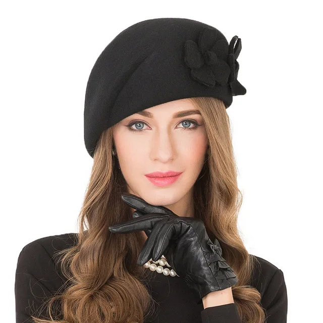 Black Beret FS зимняя шапка из шерсти, Женский французский берет с цветком, женские элегантные фетровые шляпы винного цвета, винтажная фетровая шляпа, женская шапка - Цвет: Black Beret