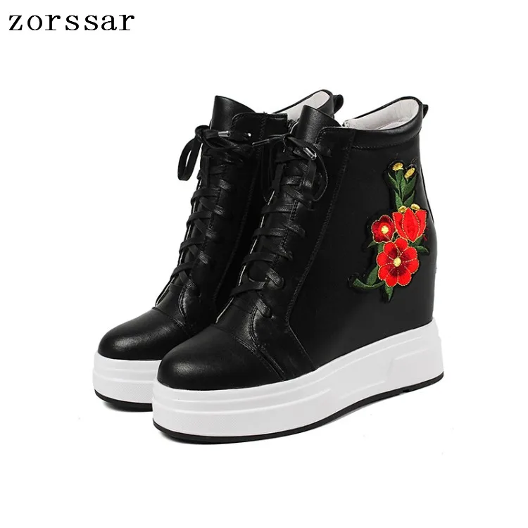 

{Zorssar} Fashion Flower womens winter boots Genuine Leather height increasing women high heel ankle boots Platform wedges shoes