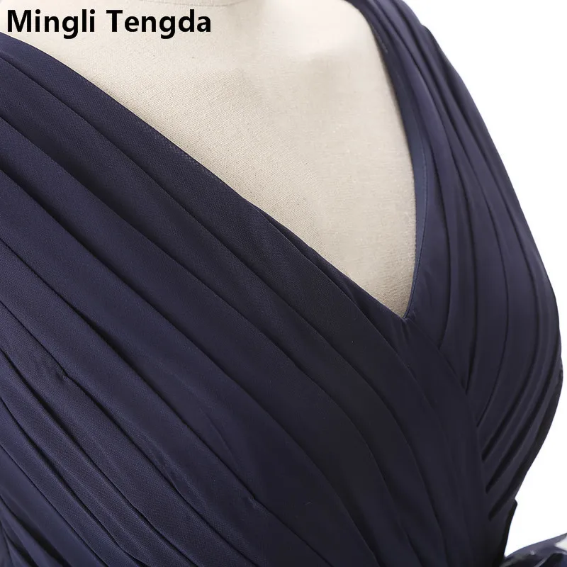 Mingli Tengda темно-синее шифоновое платье для подружки невесты короткое платье с v-образным вырезом для свадебной вечеринки ТРАПЕЦИЕВИДНОЕ ПЛАТЬЕ подружки невесты с поясом