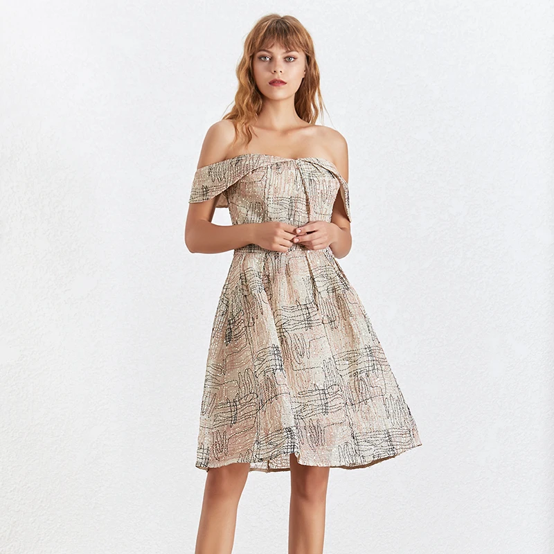 TWOTWINSTYLE Summer Print Dress For Women Slash Neck Sleeveless High Waist Slim Knee Length Dresses Female Fashion Elegant