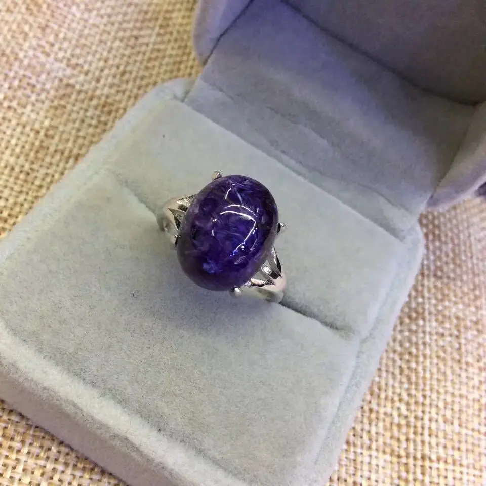 

Fashion Silver S925 Sterling Silver Retro Thai SIlver Inlaid Natural Charoite Simple Pattern Open Ended Women Ring