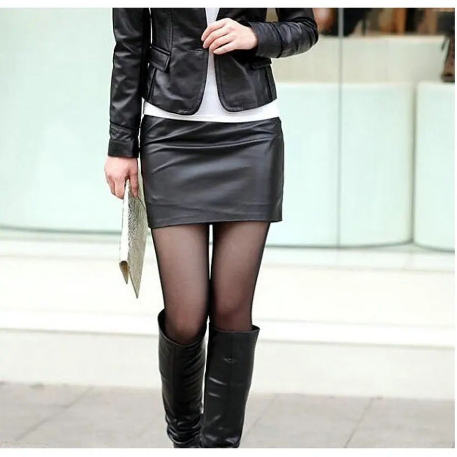 Женская мини юбка из искусственной кожи облегающая черная с высокой талией на