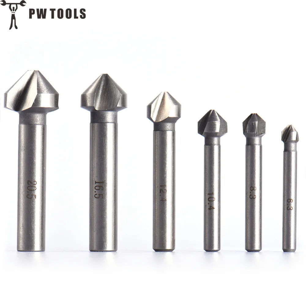 

PW TOOLS 6Pcs/Set Round Shank 3 Flute HSS Hard Metals Three Edge Chamfer Chamfering End Mill Cutter Center Drill Bits