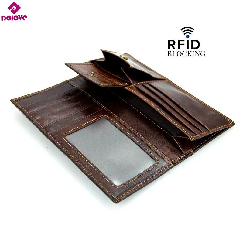 

DOLOVE New Arrival Genuine Leather Long Men's Wallets Multifunctional Cow leather Purses Long Design Wallets RFID Cash Holder