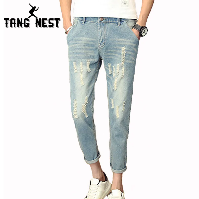 

TANGNEST Casual Ankle-Length Men's Jeans 2017 Slim Mid-waist Jeans Homme All-match Popular Jeans Male Asian Size 28-34 MKN771