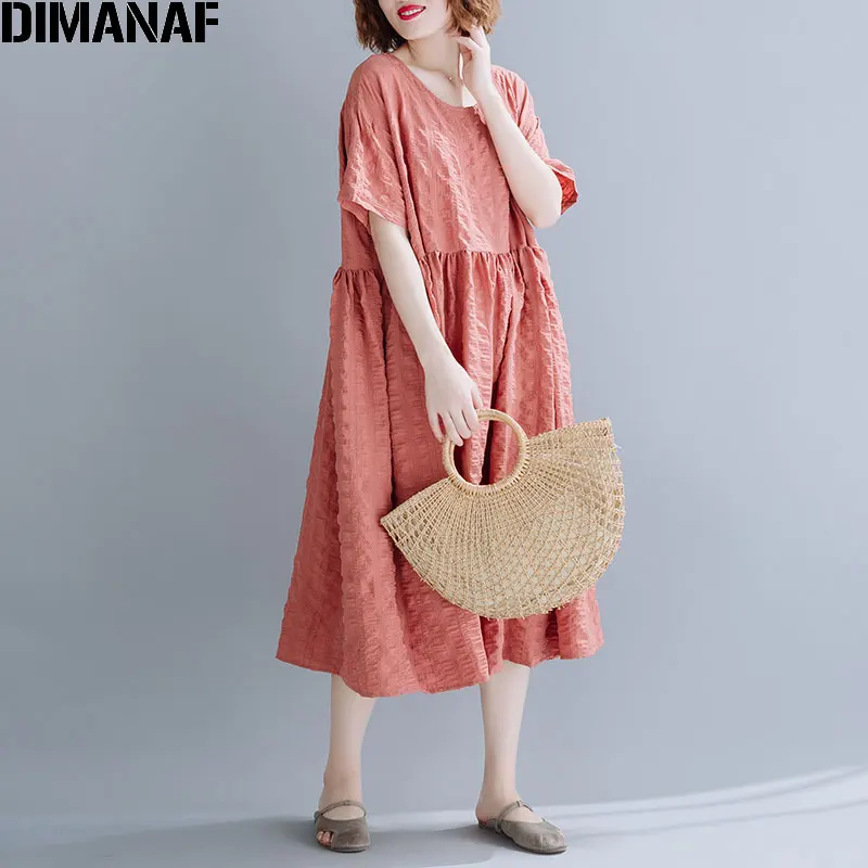 Женское пляжное платье DIMANAF, свободное повседневное платье из хлопка, сарафан без отделки, однотонная праздничная одежда большого размера для лета - Цвет: Tao8674CN