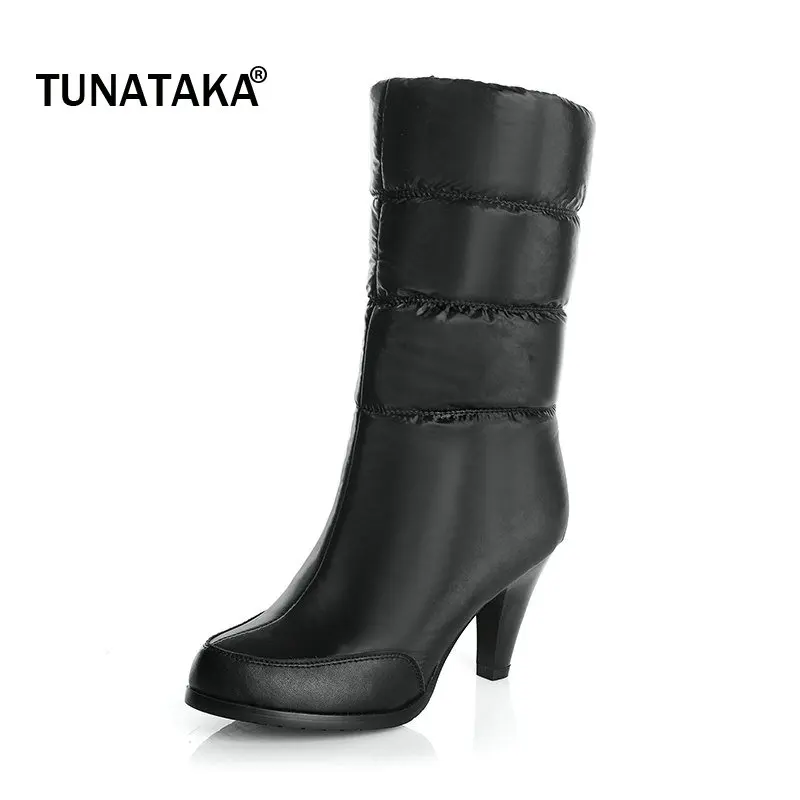 

Shoes Woman Genuine Leather Winter Warm Slip On Down Snow Boots Fashion Round Toe Thin Heel Party Mid Calf Bots Black