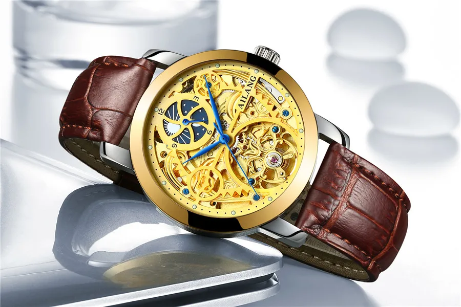 Водонепроницаемые роскошные золотые часы турбийон 30 м модные кожаные