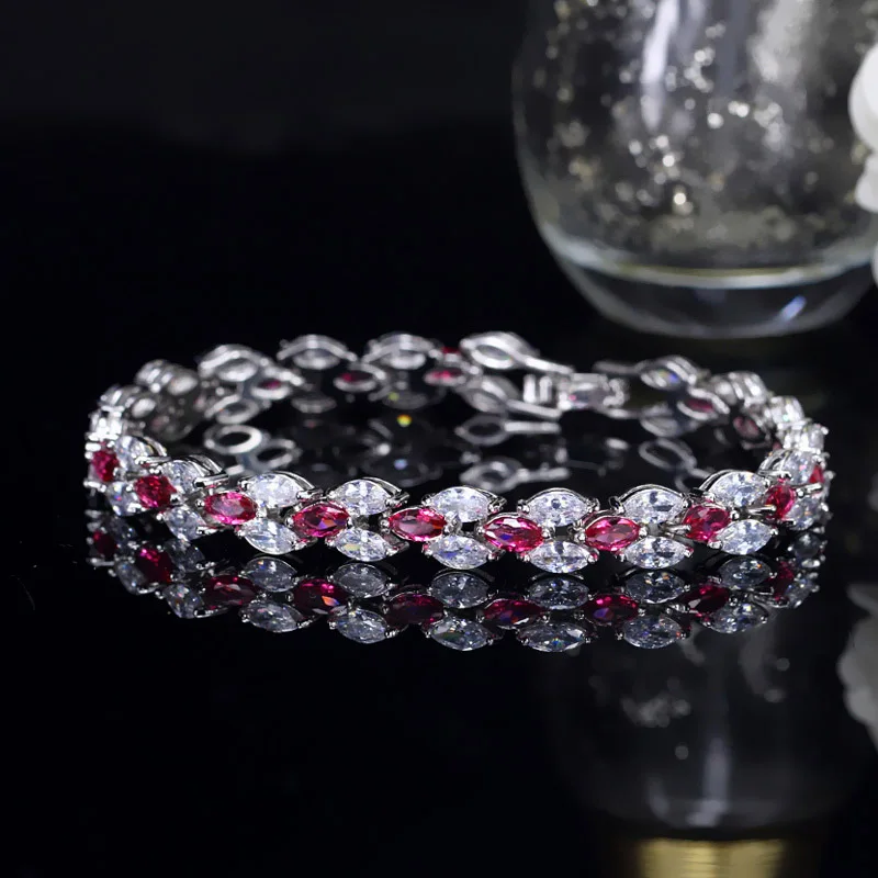 red CWWZircons Потрясающий Кубический Цирконий Свадебные украшения серебряный цвет синий кристалл CZ браслет для подружки невесты подарок CB026 - Окраска металла: red