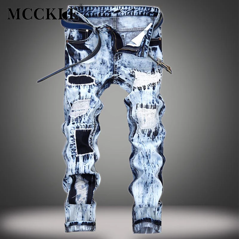 Mens Embroidery Holes Slim Denim Jeans Distressed Motorcycle Pants Biker Streetwear For Man Autumn Male Casual Trousers