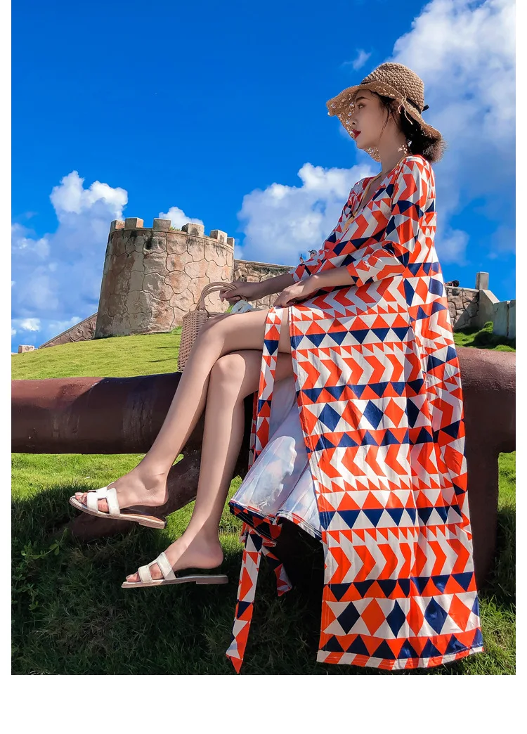 see chart Пляжные Комбинезоны для женщин Saida De Bath Cover Up Outings Coverup новое летнее платье Шея Сплит геометрическое акриловое пляжное платье Sierra Surfer - Цвет: see chart