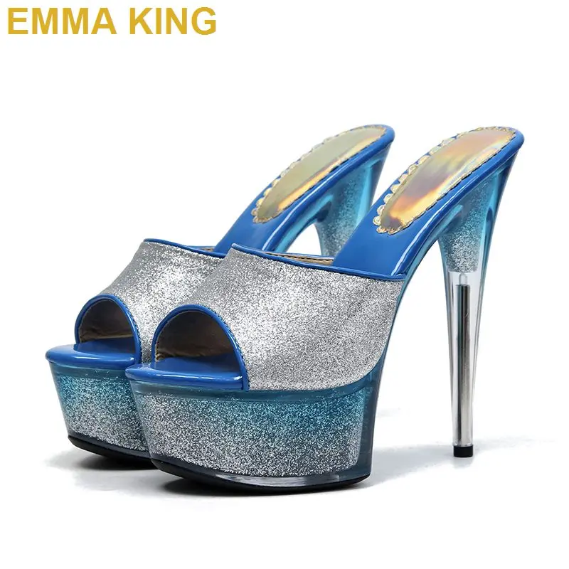 EMMA KING/ блестящие шлепанцы на высокой платформе; женская летняя обувь; пикантные шлепанцы; прозрачные шлепанцы на высоком каблуке; обувь для стриптиза - Цвет: Синий