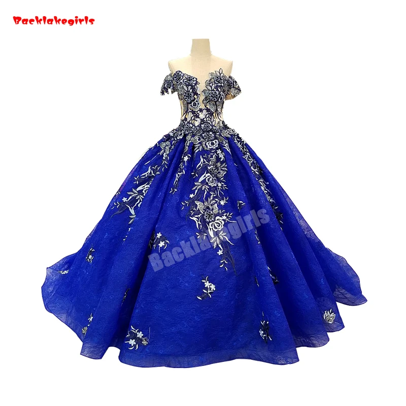 

03656 Women Wedding Dresses Gown Ball Banquet Off Shoulder Hot Sale Royal Blue Flower Pattern Newest Formal Ball Gown