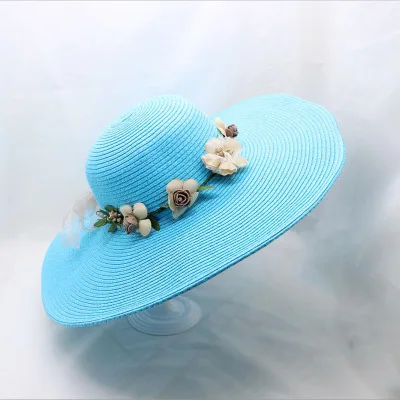 Летняя мода Floppy Flower декоративная соломинка шляпы широкополый солнечные шапки складные пляжные шляпы для женщин девочек солнцезащитный козырек шляпа - Цвет: sky blue