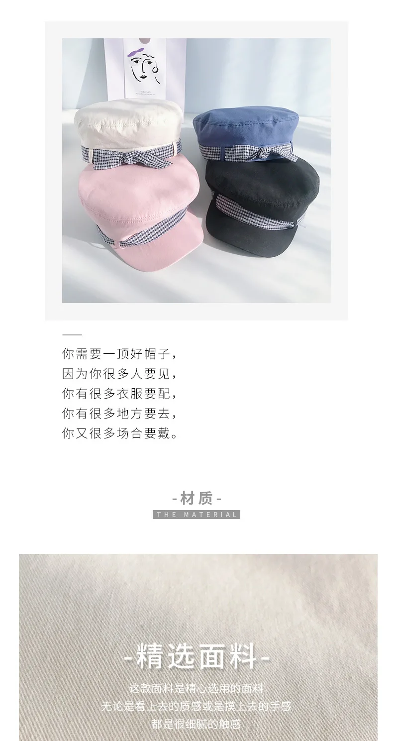 Berethat for women casual flat top with bow navy hats Autumn Winter vintage fashion British check hats for women Octagonal cap