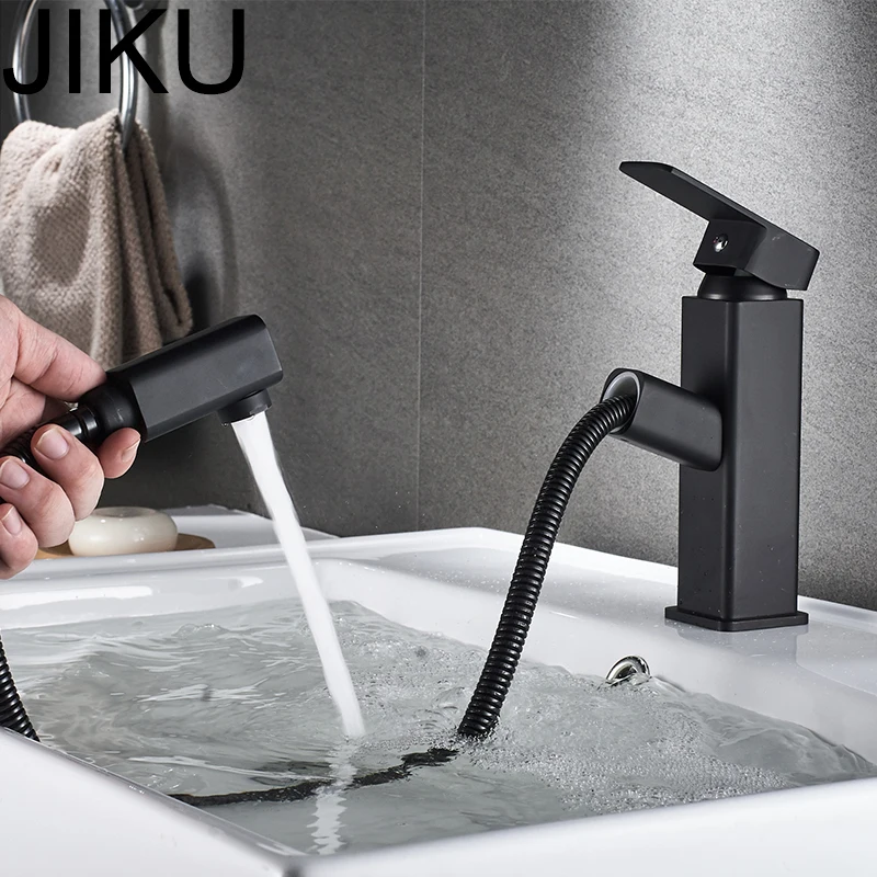 Billige JIKU Becken Waschbecken Wasserhahn Einzigen Griff Badezimmer Mischbatterien Schwarz Farbe Deck Montiert Warmen Und Kalten Wasserhahn Quadrat Form