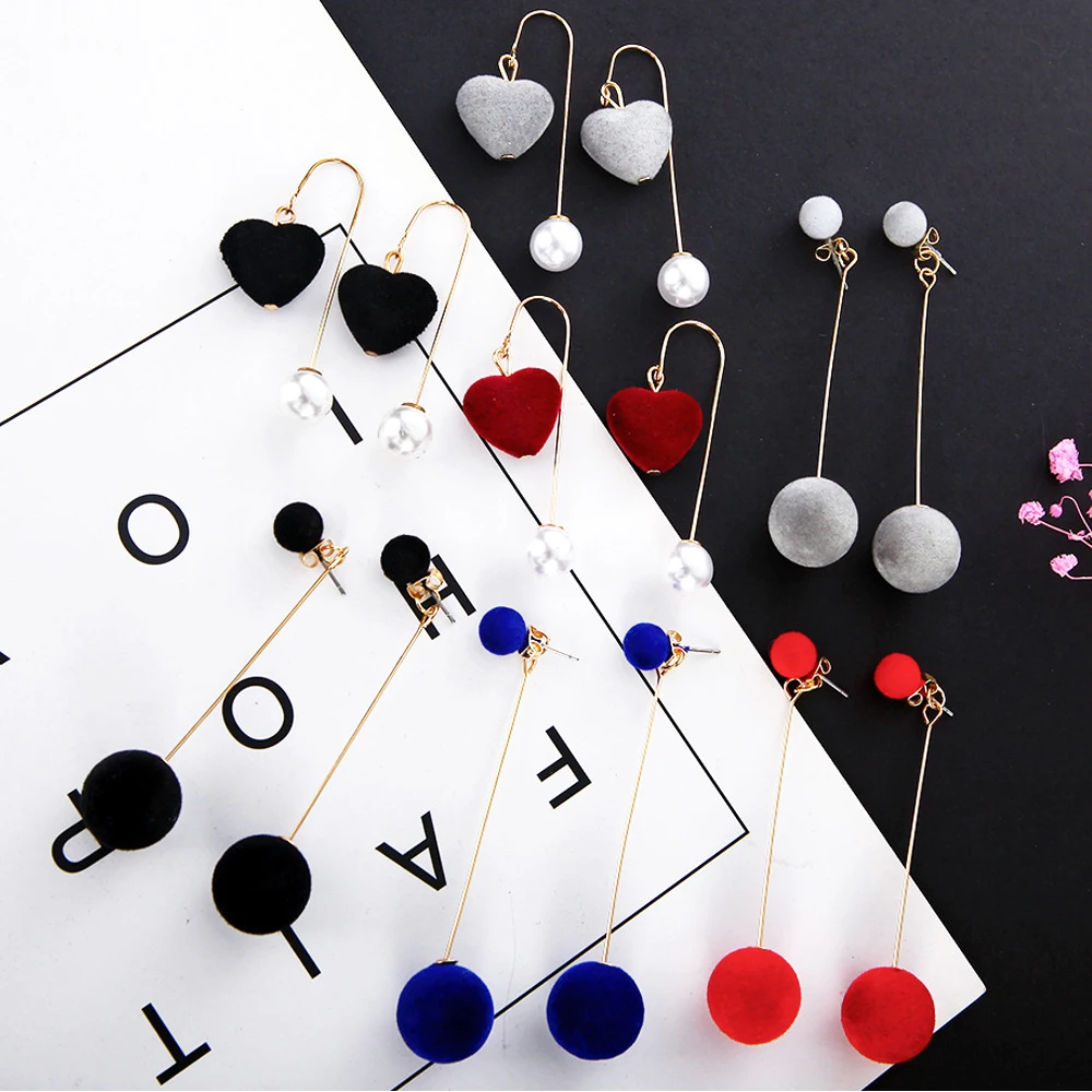 

Korean Red Black Blue Plush Ball Long Tassel Earrings For Women Jewelry Gift Heart Round Imitation Pearl Drop Earrings