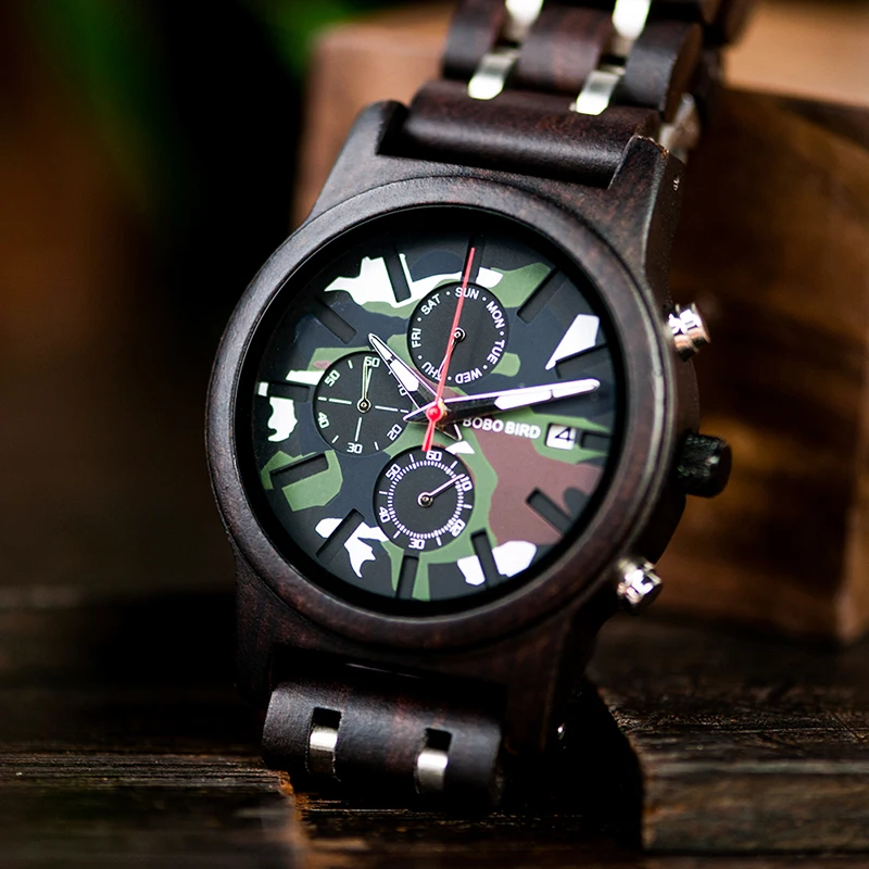 BOBO BIRD мужские часы в стиле милитари хронограф наручные часы деревянные камуфляжные циферблат металлические деревянные часы Relogio Masculino J-R17