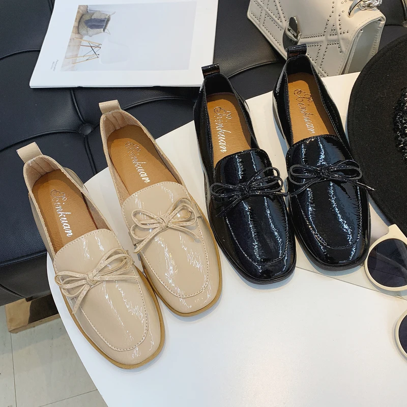 

Bow-knot Patent Leather Platform Shoes Women Low Heels Autumn Woman' Shoe Fashion Black Flats Woman Sewing Slip On Female Shoes