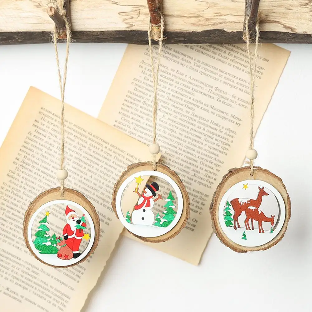 

New Year Natural Wood Christmas Tree Ornament Wooden Round Cutout Pattern Hanging Pendants Gifts Snow Elk Christmas Decora