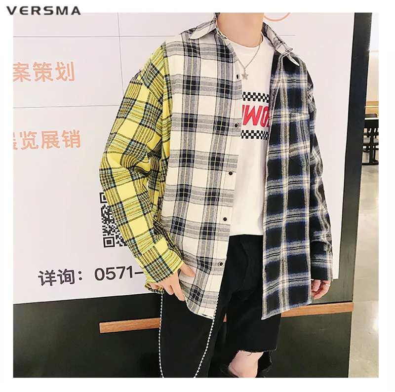 VERSMA 2019 корейский Harajuku СУГА плед лоскутное рубашки для мужчин женщин Весна хип хоп Swag негабаритных BF унисекс рубашка дропшиппинг