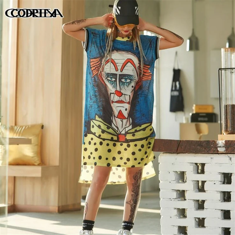 

2018 Summer Mesh ventilation Women Hip Hop Rock Dress Fashion Unique Clown print Ladies Cool Personality Dress Casual Long Dress
