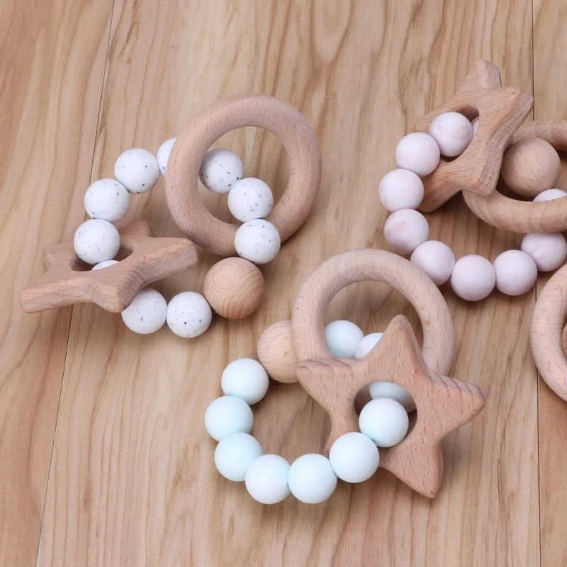 Baby Teether Rings Food Grade Silicone& Beech Wood Teething Ring Bracelet Teethers Chew Toys Baby Shower Gift