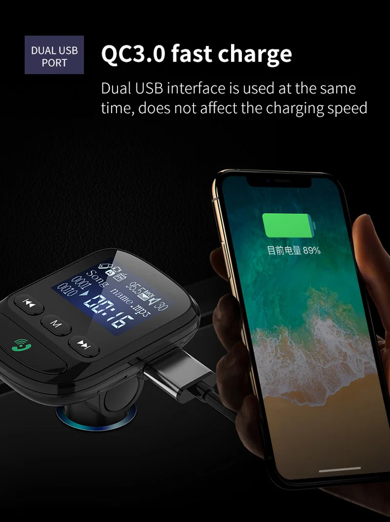 Jajabor Bluetooth 5,0, автомобильный набор, Handsfree, Беспроводной FM передатчик с разъемом подачи внешнего сигнала AUX Автомобильный MP3-плеер Поддержка TF-карты/U диск воспроизведения