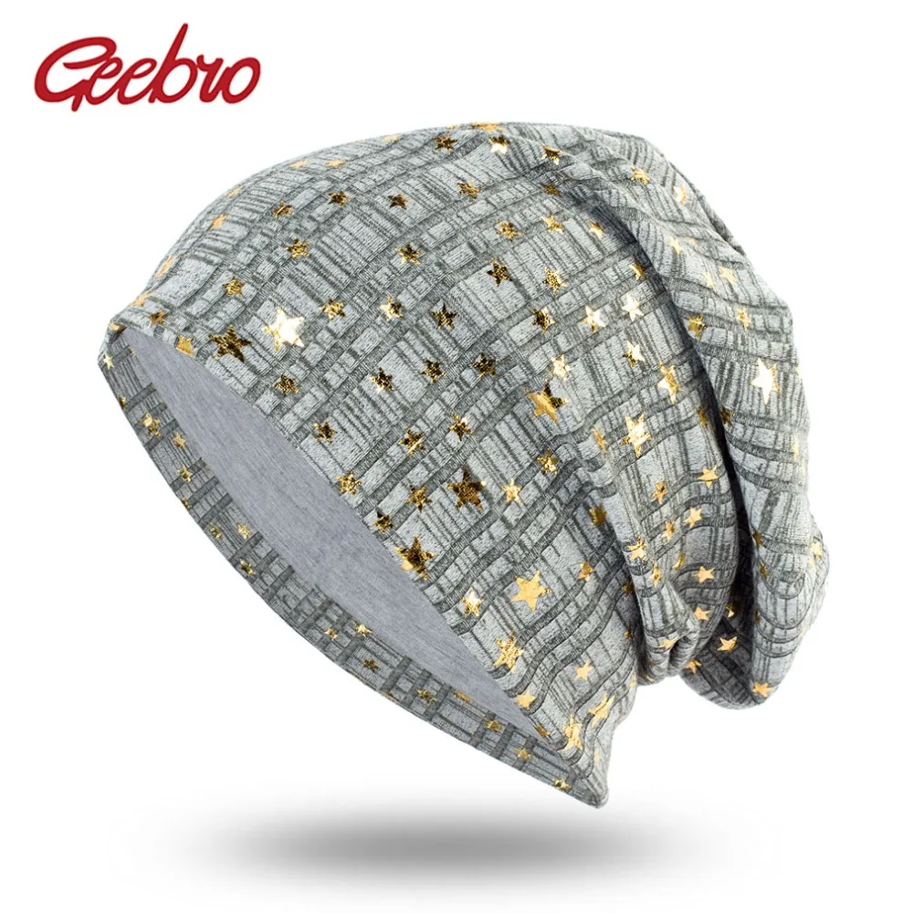

Geebro Women's Beanies Hat Spring Casual Cotton Bronzing Stars Bonnets Cap Ladies Solid Comfortable Skullies Beanie DQ409B