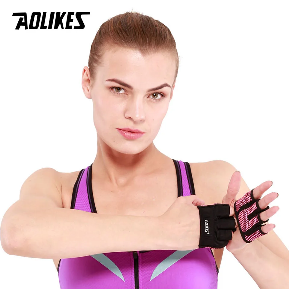 Pink AOLIKES, 1 пара, перчатки для кроссфита, для спортзала, четыре полупальца, для женщин и мужчин, перчатки для тренировки, силовая тяжелая атлетика, бодибилдинг, защита рук - Цвет: Pink