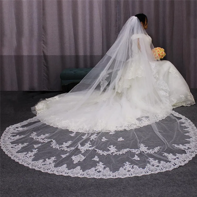 Высокое качество 2019 блестками кружева Длинная фата невесты 2 T 3 метров, свадебная фата с румяна вело де Novia