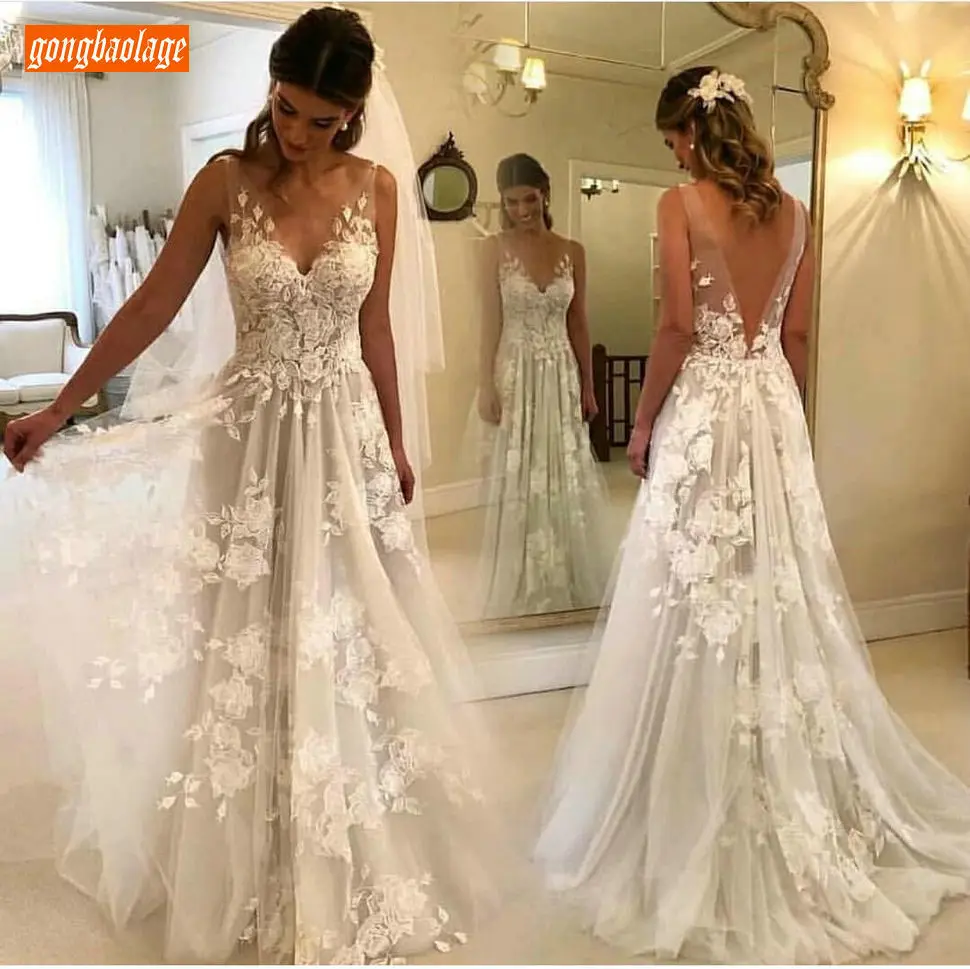 Роскошные BOHO белые кружевные платья с v-образным вырезом Свадебные платья с аппликацией A Line Свадебные платья Тюль богемное пляжное