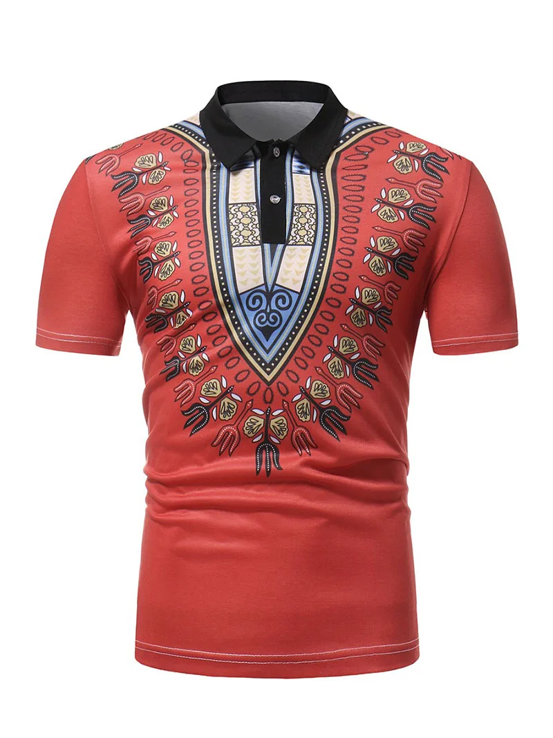 Claret Red Модные африканские Дашики печати с короткими рукавами рубашки поло для мужчин белый пуловер Топ Тонкий отложной футболка рубашка для мужчин плюс размер - Цвет: Claret Red