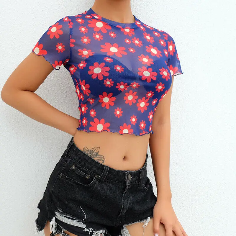 Женская прозрачная Сетчатая футболка с круглым вырезом и коротким рукавом