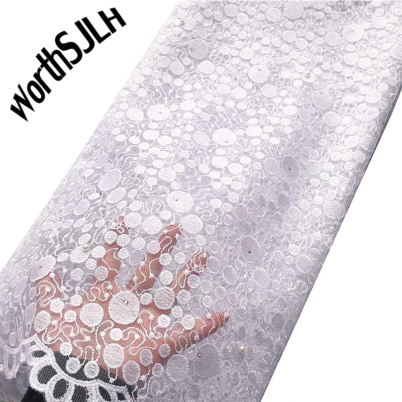 WorthSJLH 15 ярдов бисером нигерийские кружевные ткани гипюр белая кружевная ткань новейший африканский тюль кружевная ткань для свадьбы