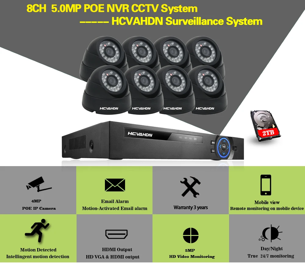 HCVAHDN Plug and Play 5.0MP HD 8CH POE NVR 24 ИК День Ночь Крытый Открытый водонепроницаемый безопасности POE IP купольные камеры CCTV системы