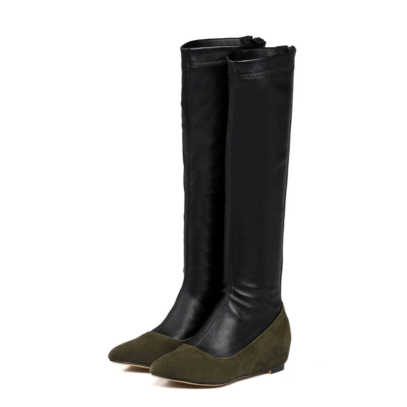 New Handmade Large Size Black Womens Knee High Boots Suede Zipper Pointed Toe Long Boots Ladies Height Increase Footwear