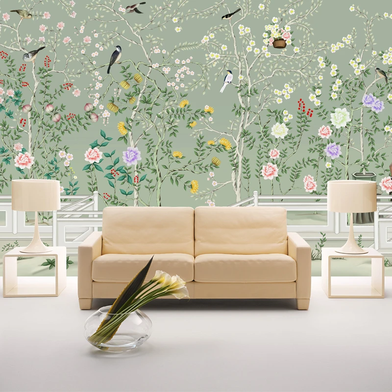 Free shipping Seamless mural of modern Chinese flower and bird YuLan hand-painted wallpaper TV background wall Custom Size