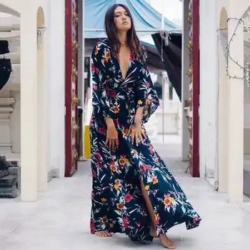 

2019 Spring Summer Ukraine Women's Dress Floral Printed Ethnic Vintage Hippie Chic Boho Beach Dresses Bohemian Holdiay Vestidos